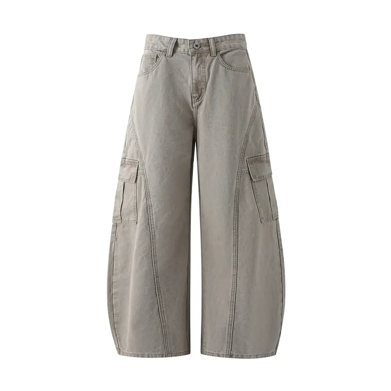 Men's Vintage Washed Curved Spliced Cargo Jeans - Button Fly Waistband, Dual-Layered Side Cargo Pockets, Loose Wide Balloon Leg, Heavyweight Soft Cotton Fabric, Comfortable Retro Streetwear Bottoms for All-Season Daily Layering