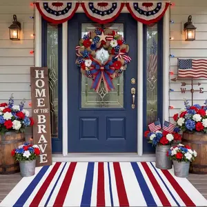 250th Independence Day Blue White Red Striped Front Door Mat, Welcome Doormat, Vintage Farmhouse Outdoor Entrance Rug, Summer Porch Decor, Holiday Home Decoration Supply