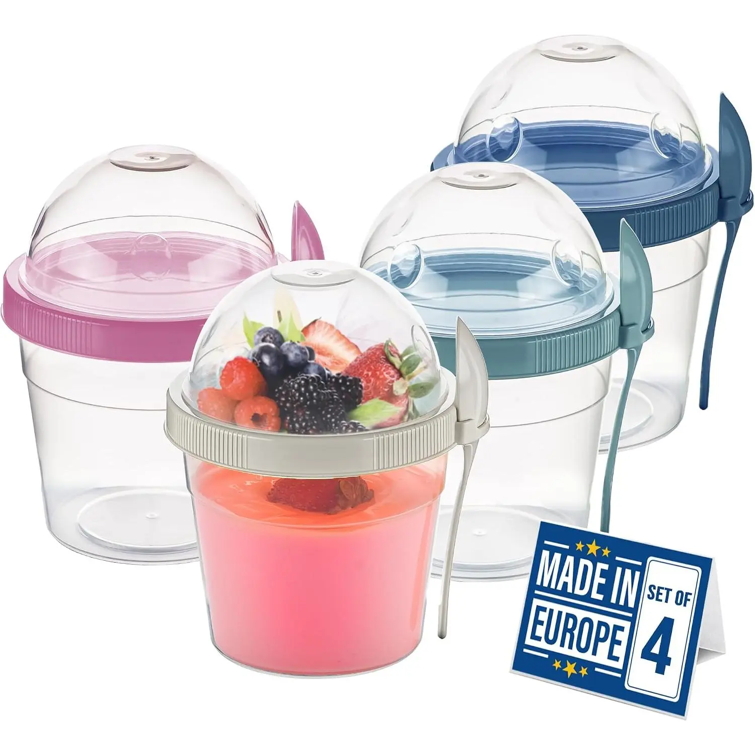 4 Pack 17 oz  The Go Yogurt Parfait Cups with , Topping Compartment & Spoons, Cereal Oatmeal Salad or Fruit Container -  Leak Proof Container - Colorful
