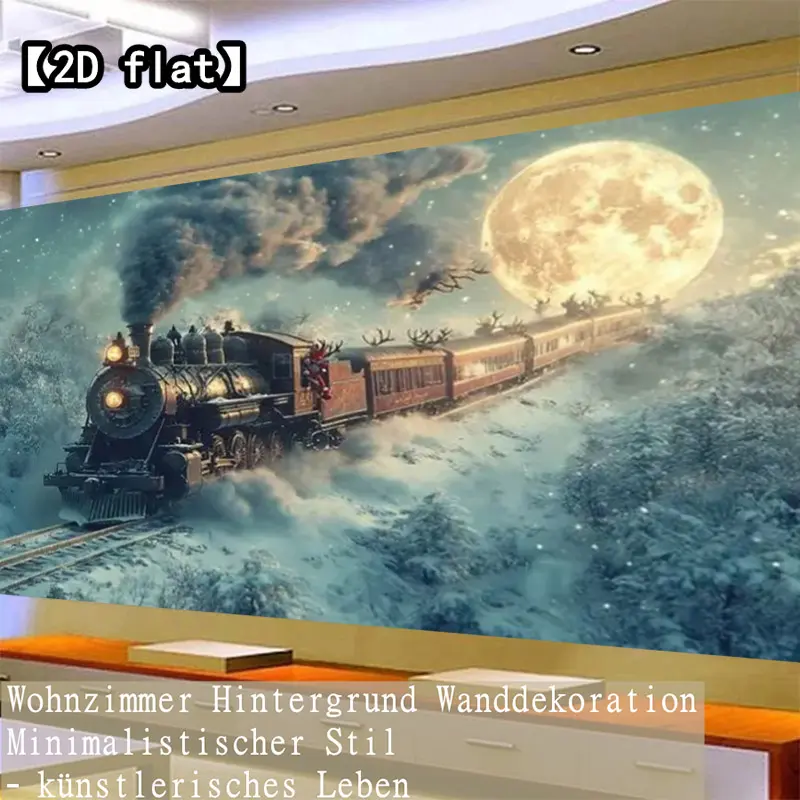 【2D flat】A frameless minimalist canvas wall art of a Christmas Eve train dream, a stylish themed decoration suitable for sofas, dining rooms, living rooms, and hallways, an artistic mural decoration.