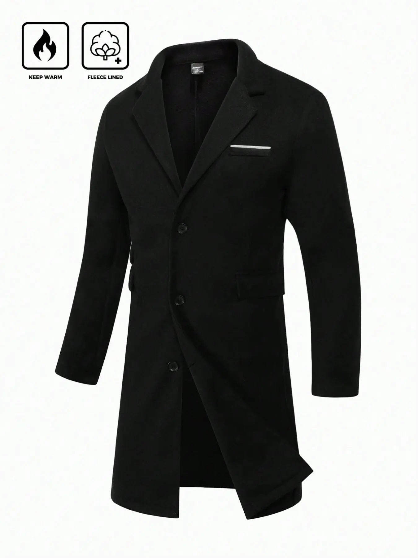 Men's Longline Overcoat, Single-Breasted Notched Lapel, Long Sleeves, Chest Welt Pocket with Accent Trim, Flap Pockets and Back Center Seam