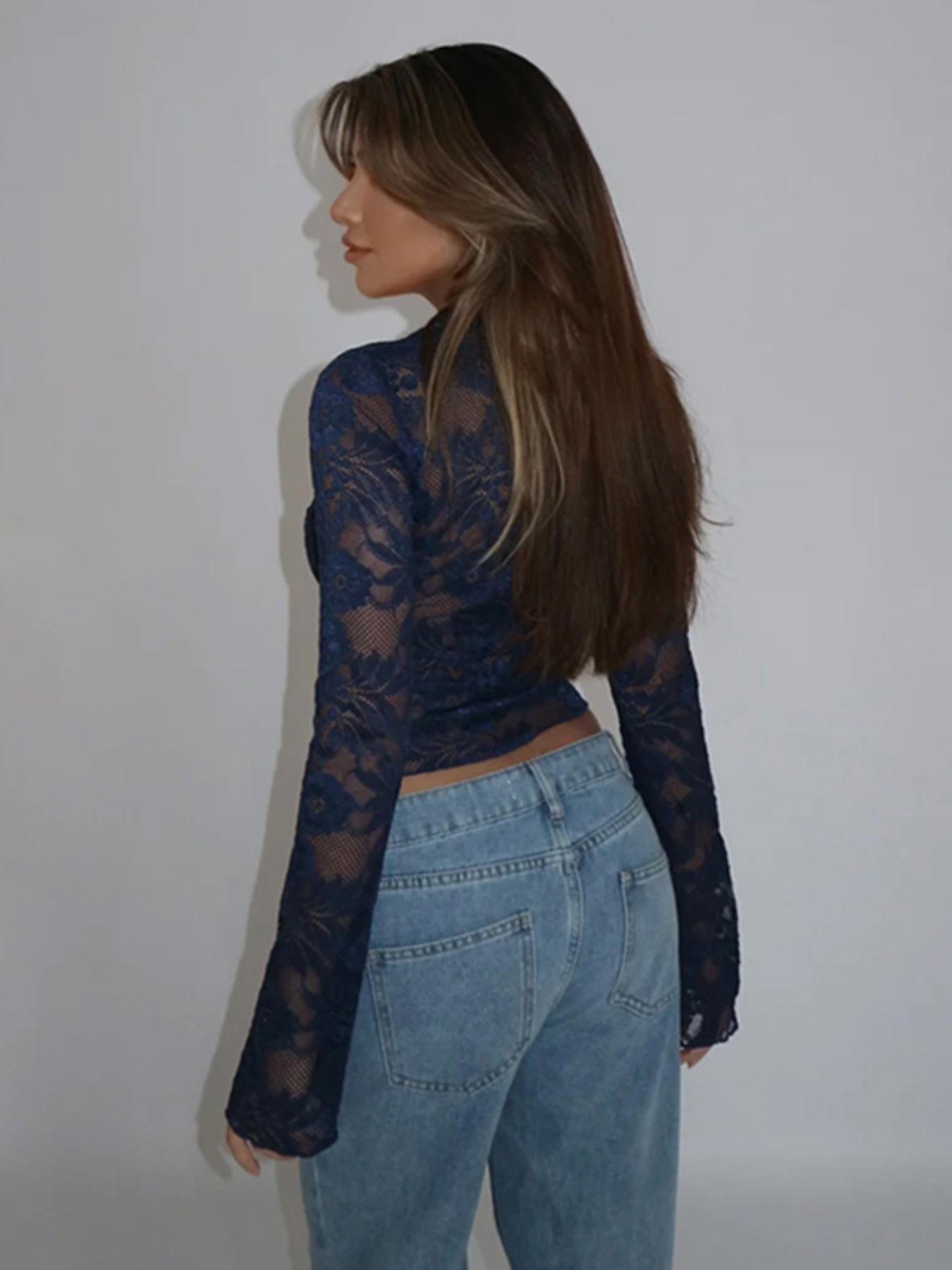 Women's Plain Lace Top, Elegant Long Sleeve V Neck Top for Spring, Women's Clothing for Daily Wear