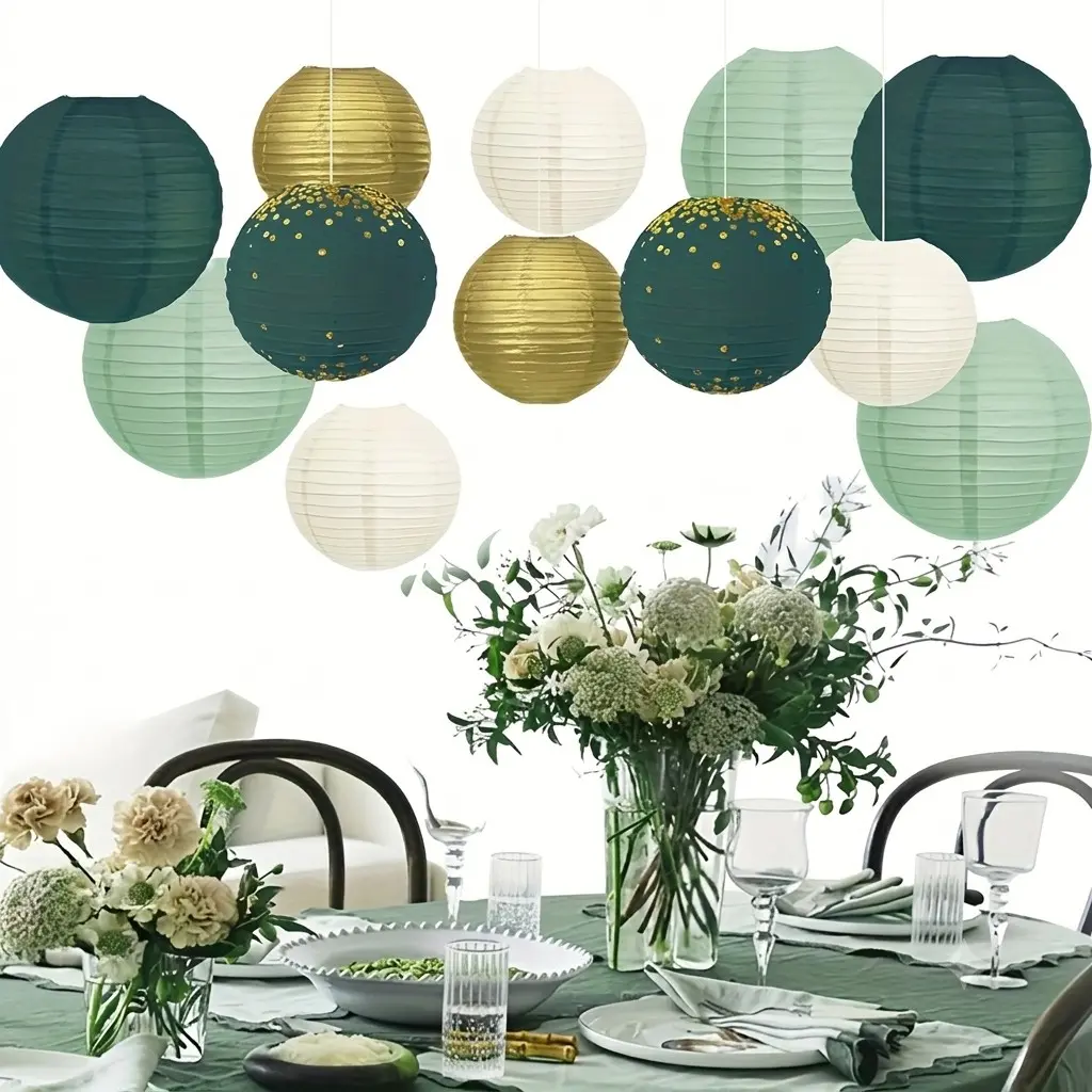 Paper Lantern Party Decorations, 12 Gold Hanging Paper Lampions, Wedding Birthday Party, Dinner Gathering Decoration