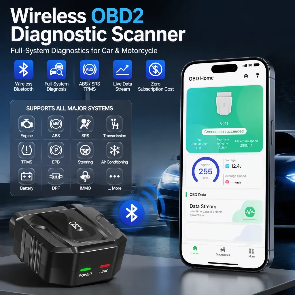 Bluetooth OBD2 Car Diagnostic Scanner, Wireless Plug‑and‑Play, Reads Check Engine ABS SRS TPMS Fault Codes & Live Data for Auto & Motorcycle