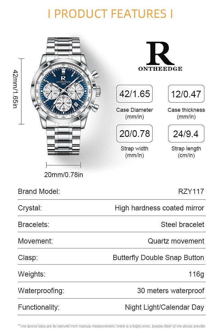 Men's Luxury Blue Dial Chronograph Quartz Watch - Stainless Steel Wristwatch with Tachymeter, Date Display, Multi-Function Subdials, Elegant Business Sport Dress Watch, Perfect Gift for Husband Dad Boyfriend