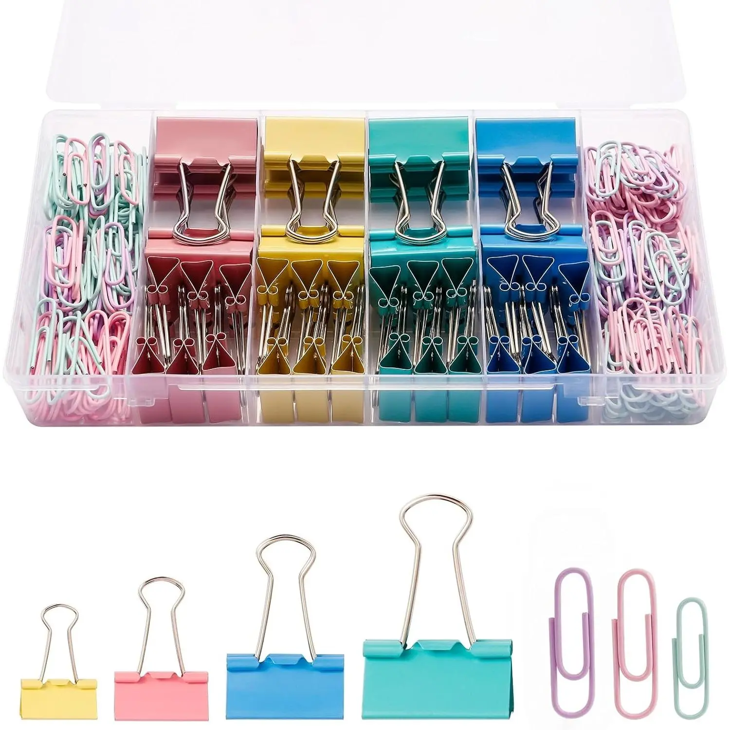 260 count Colored  Size Paper Clips and Binder Clips, Paperclips Large Medium Small, Binder Clip and Paper Clip Set for , School, and Office Supplies in a Container with Compartments