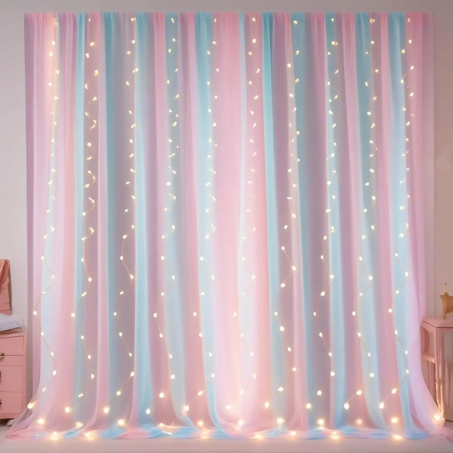 Sheer Curtains with Lights for Bedroom Theme Party Wedding Photographic Background, Rod Pocket 84 inches Long Sheer Canopy for Girls Room Decor, 2 Panels