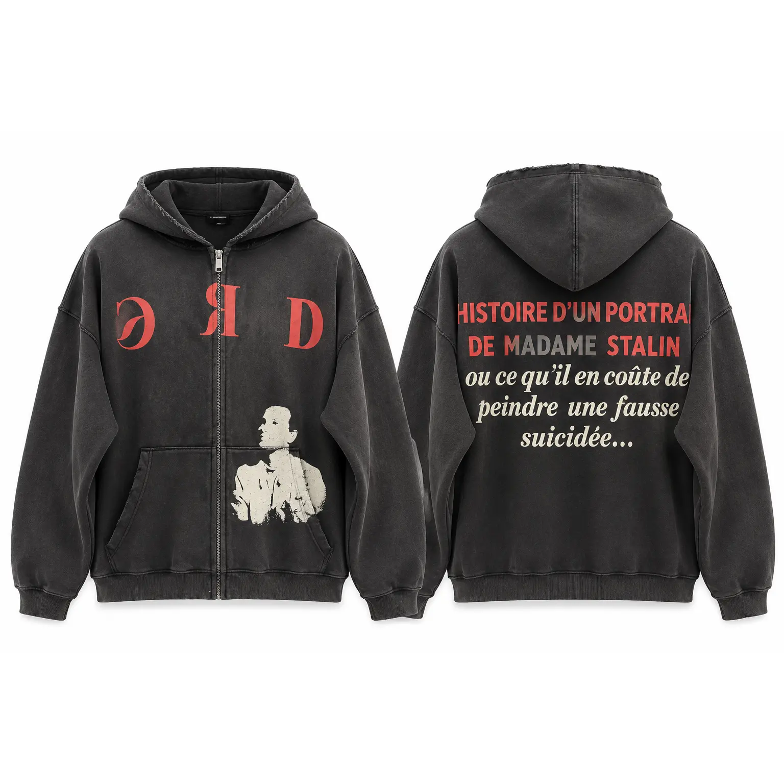E.R.D Madame Staline Thermal Zip Up Hoodie Vintage Washed Distressed Graphic Hooded Jacket Oversized Unisex Y2K Alternative Streetwear Fall Winter Fashion