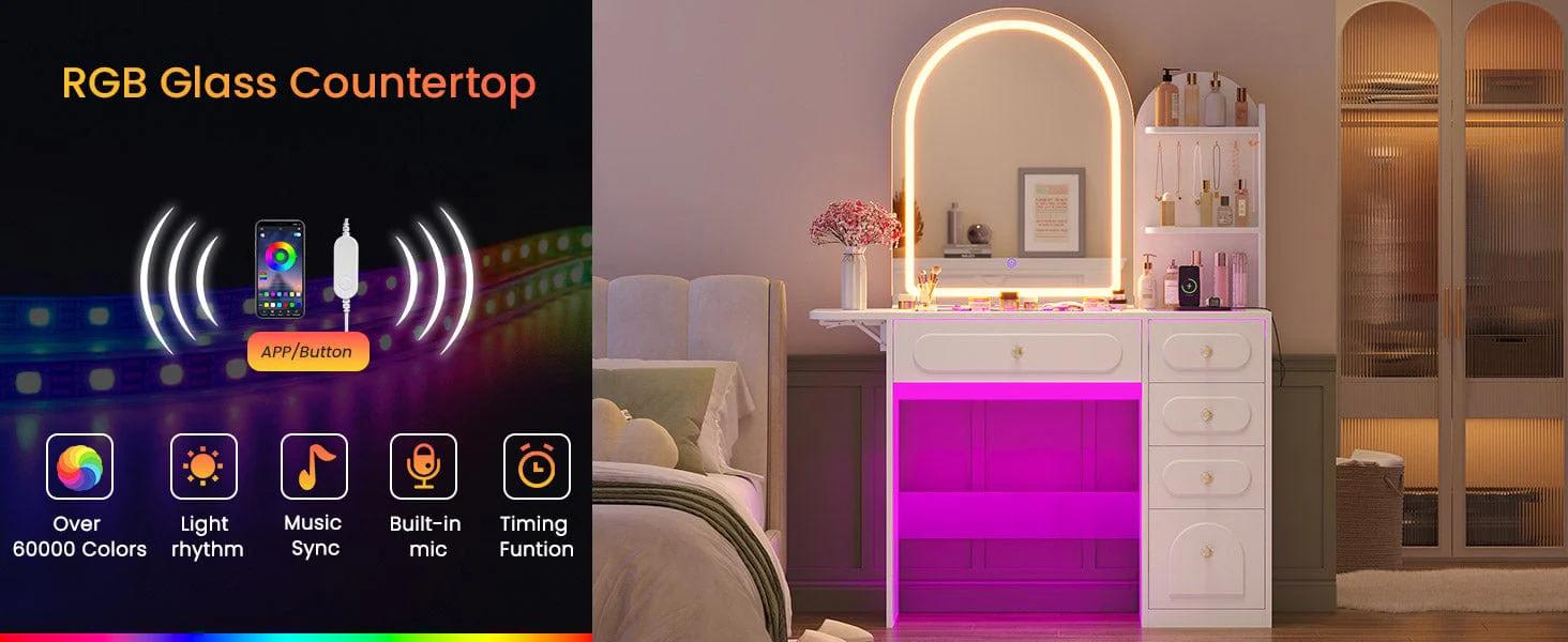 Arched Makeup Vanity with LED Lighted Mirror and Charging Station White