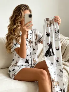 Women's 3 Piece Pajama Set, All Season Wear, All Seasons Nightwear, White Playful Cartoon French Bulldog Print, Cartoon Print Sleepwear, Playful Aesthetic Style, Loose Fit, Breathable, For Daily Home Wear, Casual Wear And Home Office