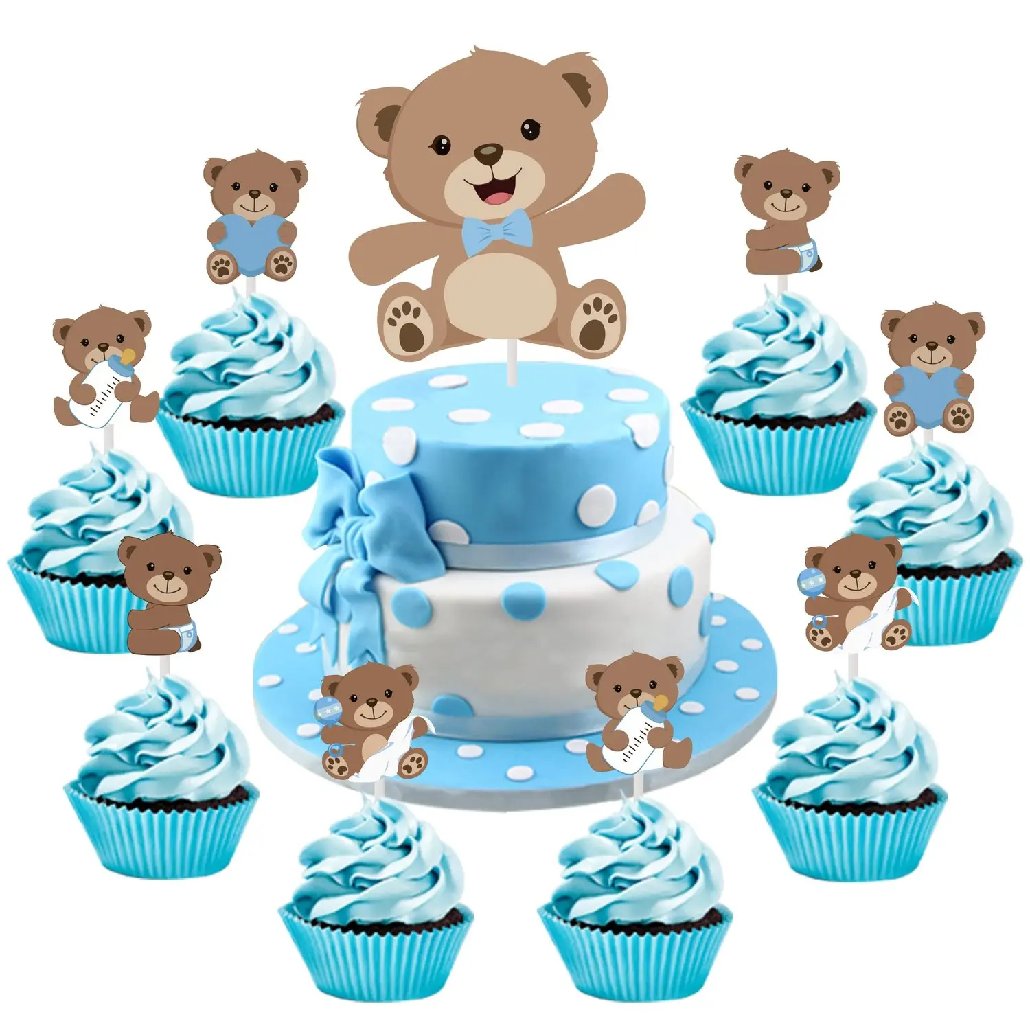 25PCS Bear Cake Topper Baby Shower Double Sided Print with Bear Cupcake Toppers Brown for Bear Theme Gender Reveal Neutral Party Supplies