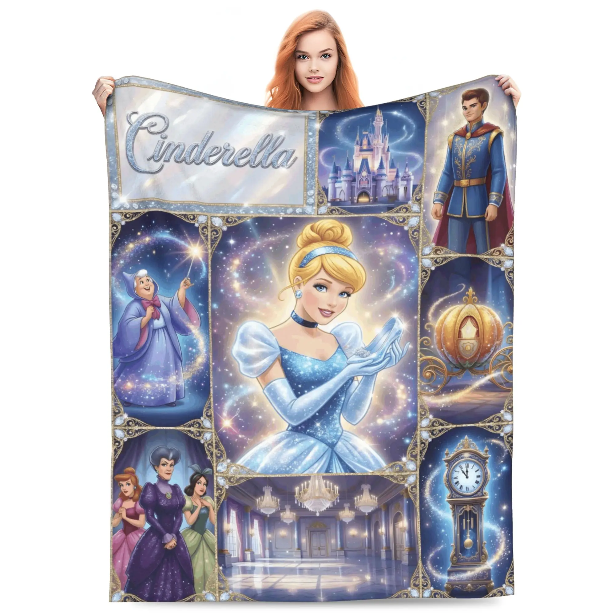 DISNEY CLASSIC Cinderella Throw Blanket, Golden Frame Grid Collage Fairy Godmother Pumpkin Carriage Castle Glass Slipper Cartoon Print Flannel Fleece Blanket, Soft Lightweight Cozy Blanket for Sofa Bed Bedroom, Princess Gift for Girls Kids Women