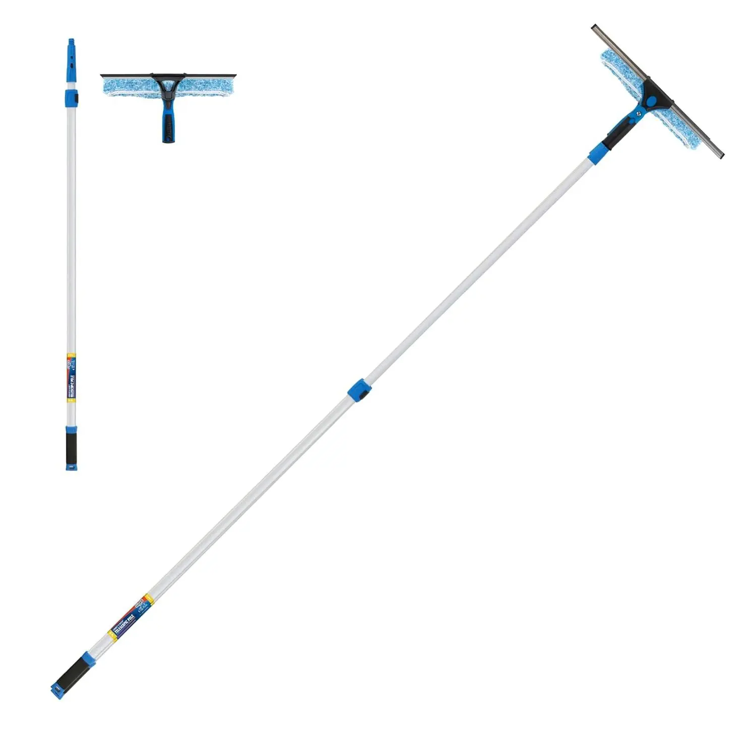 2-in-1 Squeegee and Scrubber, 14” Window Cleaning Tool and 8’ Connect & Clean Pole, Essential Glass Supplies for Commercial and Residential Use, Microfiber Sleeve