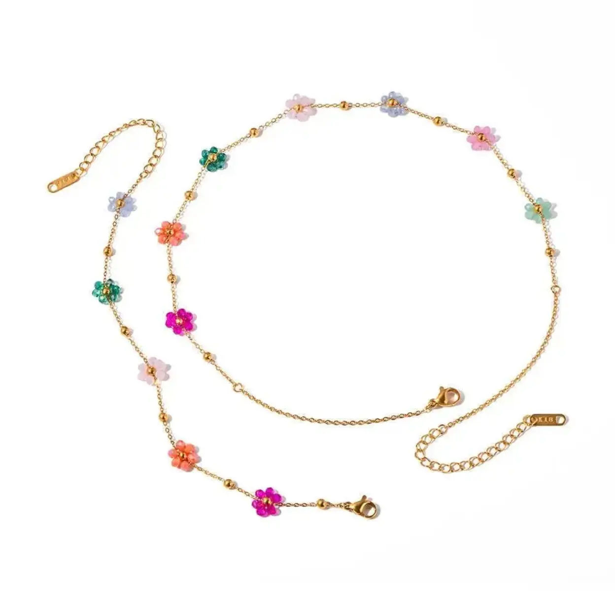 Women’s Boho 2-Piece Colorful Flower Jewelry Set - Dainty Gold-Plated Clavicle Chain, Flower Beads Charm Bracelet, Lightweight Set for Daily Casual & Summer Vacation Bag Accessories