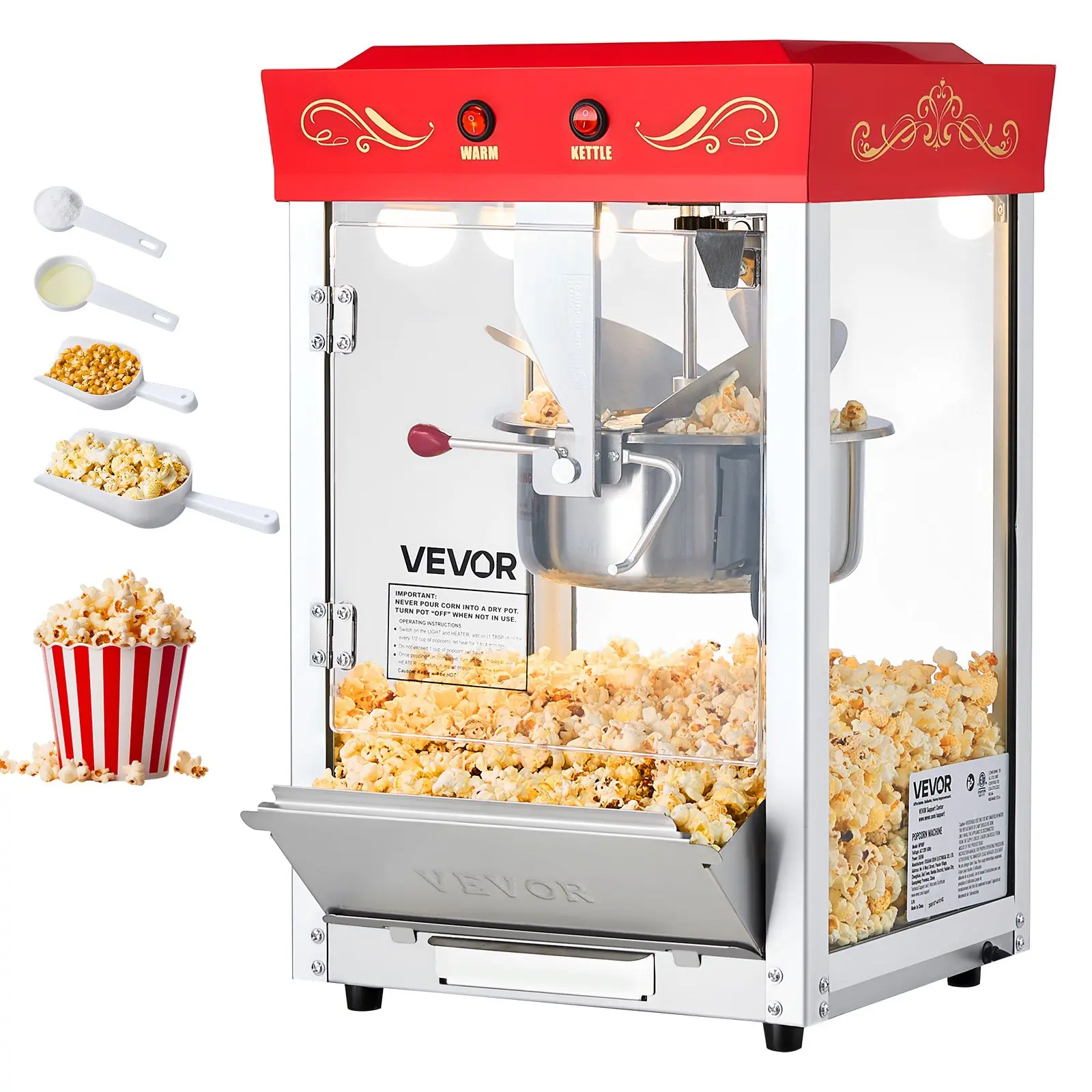 VEVOR Vintage Design Popcorn Machine Set (NP08T), 8 oz Stainless Steel Kettle, 800W Commercial Countertop Theater-Style Popper, 48 Cups per Batch, 20 Lbs/ 9.43 Kg Capacity, AC120V 60Hz, 2-Button Control, Glass Door, PC Wall, 1 Scoop, 3 Spoons, Red