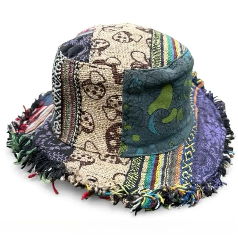 Women's Multicolored Mushroom Patchwork Hemp Fedora Hat with Hidden Pocket, Stylish Sports & Outdoor Accessory, Stylish Accessories
