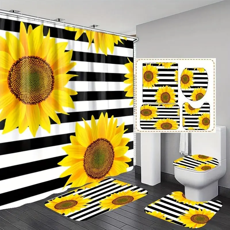 1/4PCS Sunflower Striped Shower Curtain Set – Four-Piece Bathroom Set, Bright Sunflower Design with Stripes, Includes Curtain, Mat & Toilet Covers