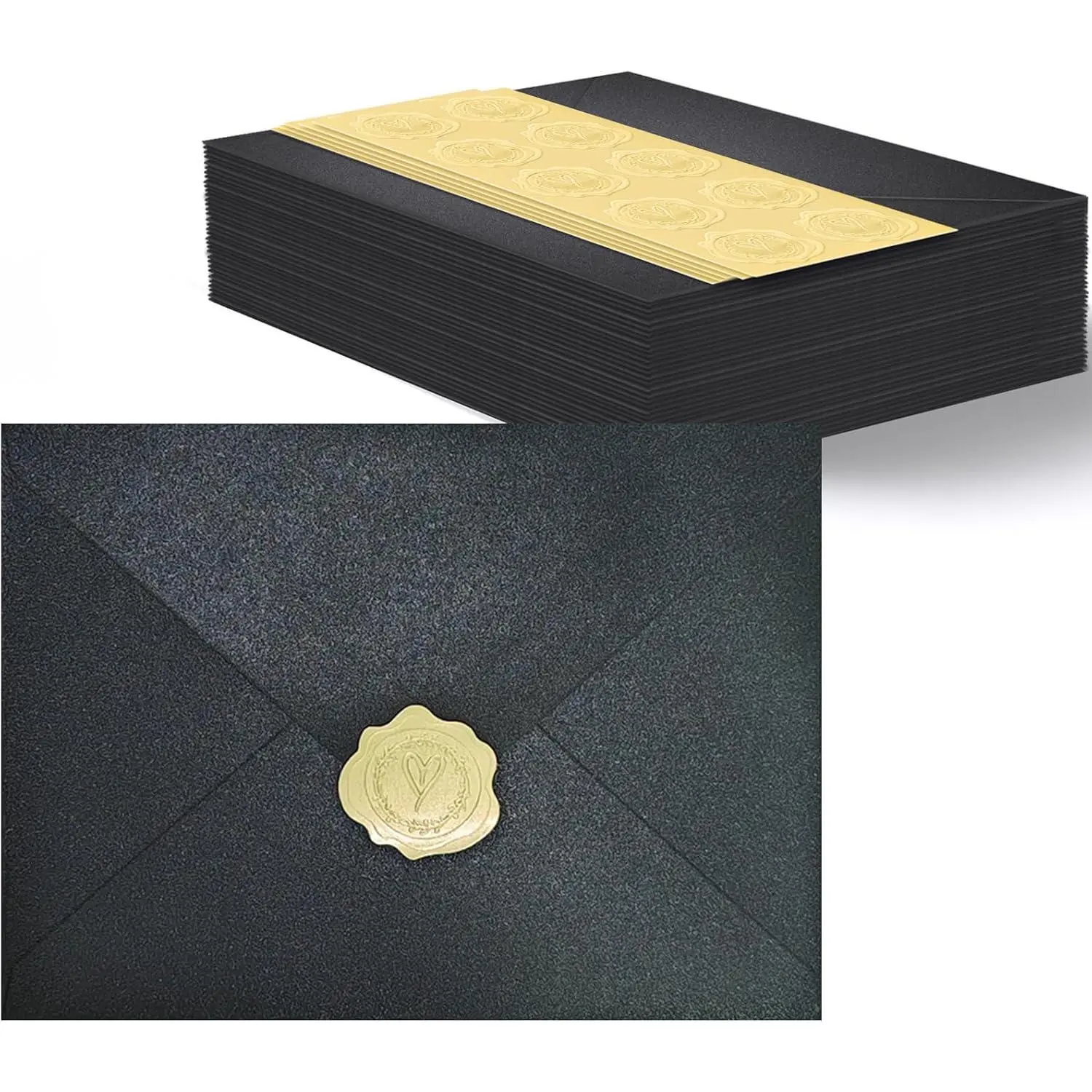 50 count  Black A7 Envelopes with Stickers, Shimmering 5x7 Envelopes for Invitations,  for Wedding Invitation Cards, Birthday RSVP, Graduation,  Shower 5.25 x 7.25 inches