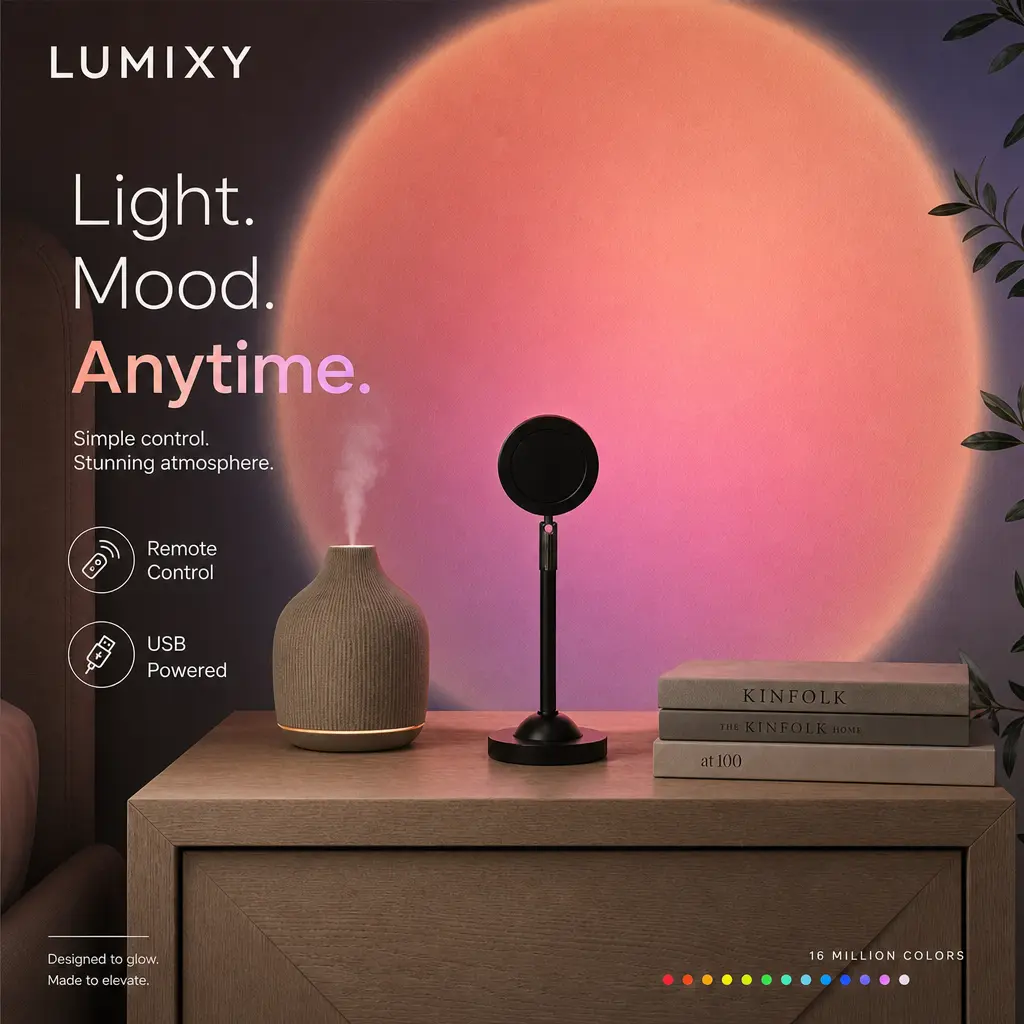 16-Color RGB Sunset Projection Table Lamp - Remote-Controlled 360° Rotatable LED Mood Light with HD Lens, Cozy Glow, Soft Bedroom Nightstand Decor, TikTok Fairy Light