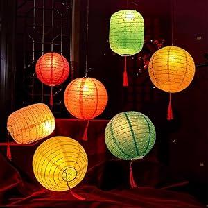 BASIC SUPPLY 5PCS Paper Lanterns Colorful Vibrant Decoration 6inches with LED Lights, Hollow Out Hanging Lanterns with Tassels Walking Sticks for Dinner Birthday Party Decor (Round)
