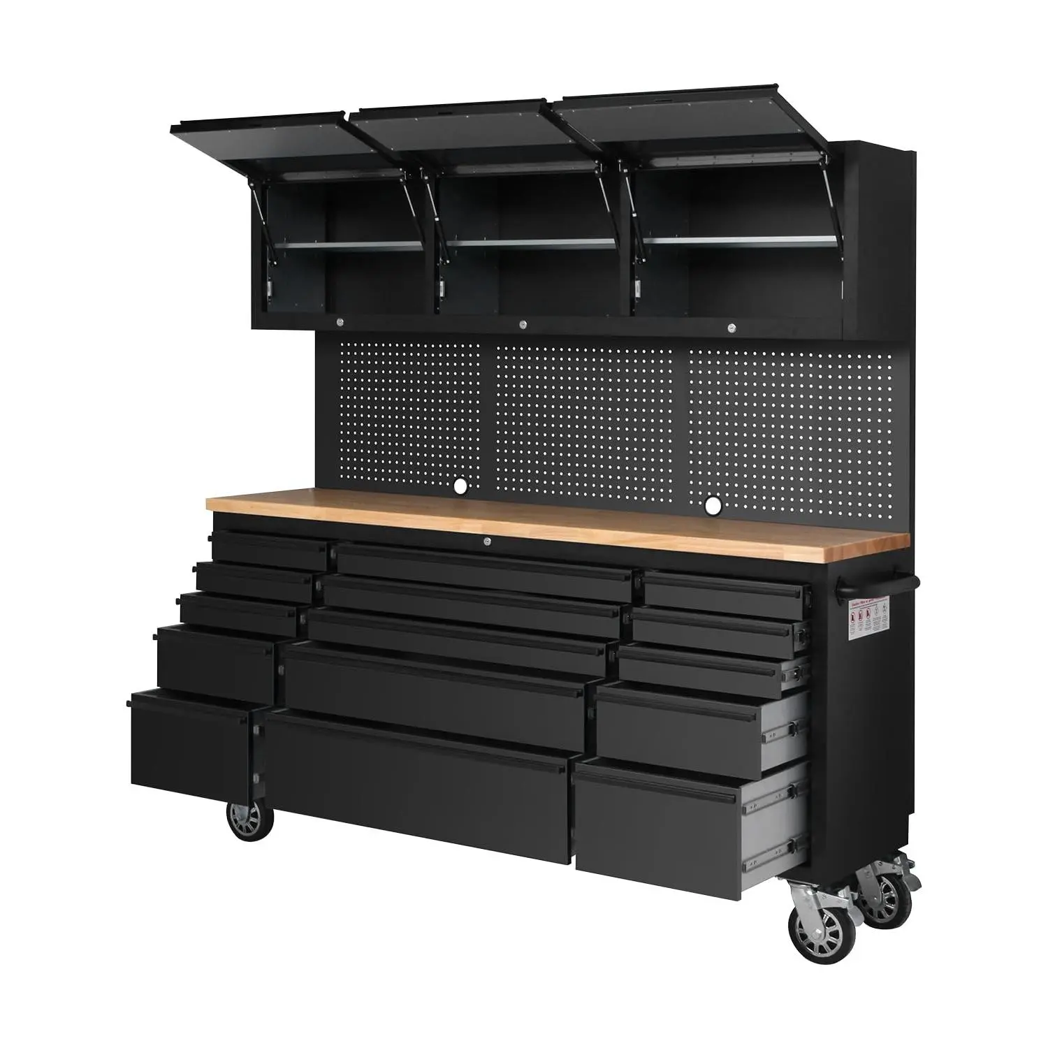 72" Mobile Workbench, Heavy Duty Tool Chest Cabinet with 15 Drawers and 3 Upper Cabinets, Large Tool Bench Organizer with Wood Top and Pegboard for Garage, Black