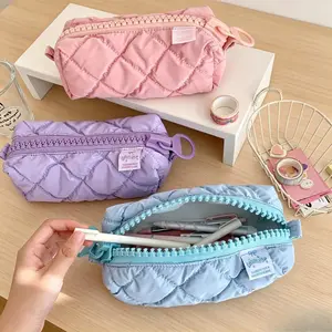 Pastel Quilted Puffer Pencil Case | Spacious & Cute Stationery Organizer Mini Auto Closure Fixer Pouch