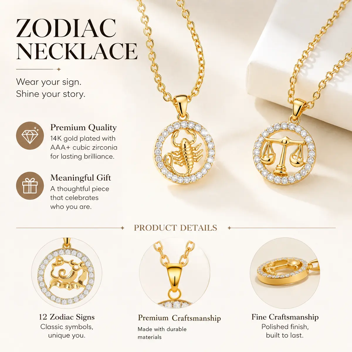 14K Gold Plated Constellation Zodiac Sign Pendant Necklace, Unisex Shiny Cubic Zirconia Constellation Pendant Exquisite Horoscope Astrology Jewelry Birthday Christmas Gift