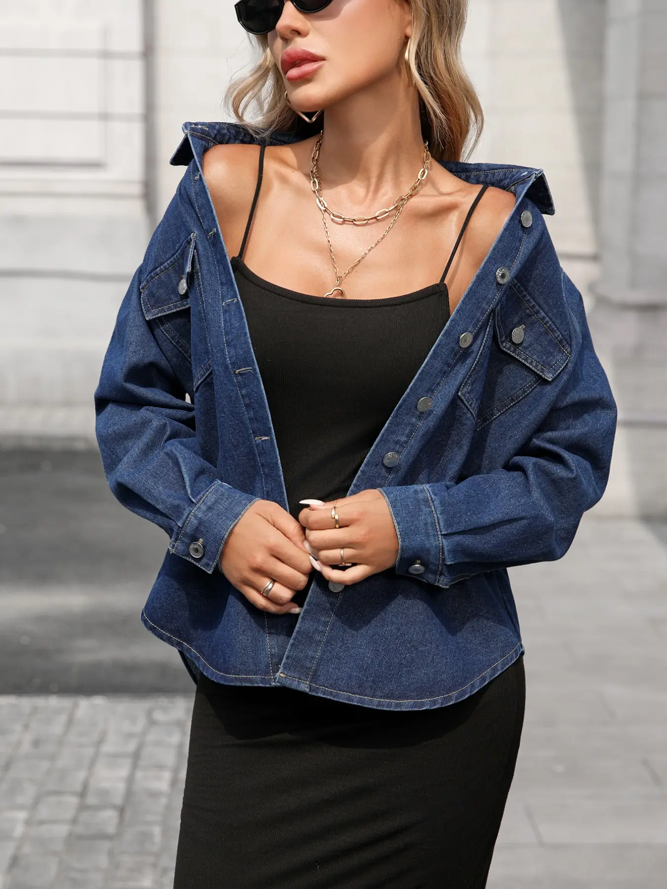 Women's Deep Blue Washed Long Sleeve Denim Shirt Jacket, Collared Button Front Dual Pocket Chest Bag, Slim Fit Casual Streetwear Top