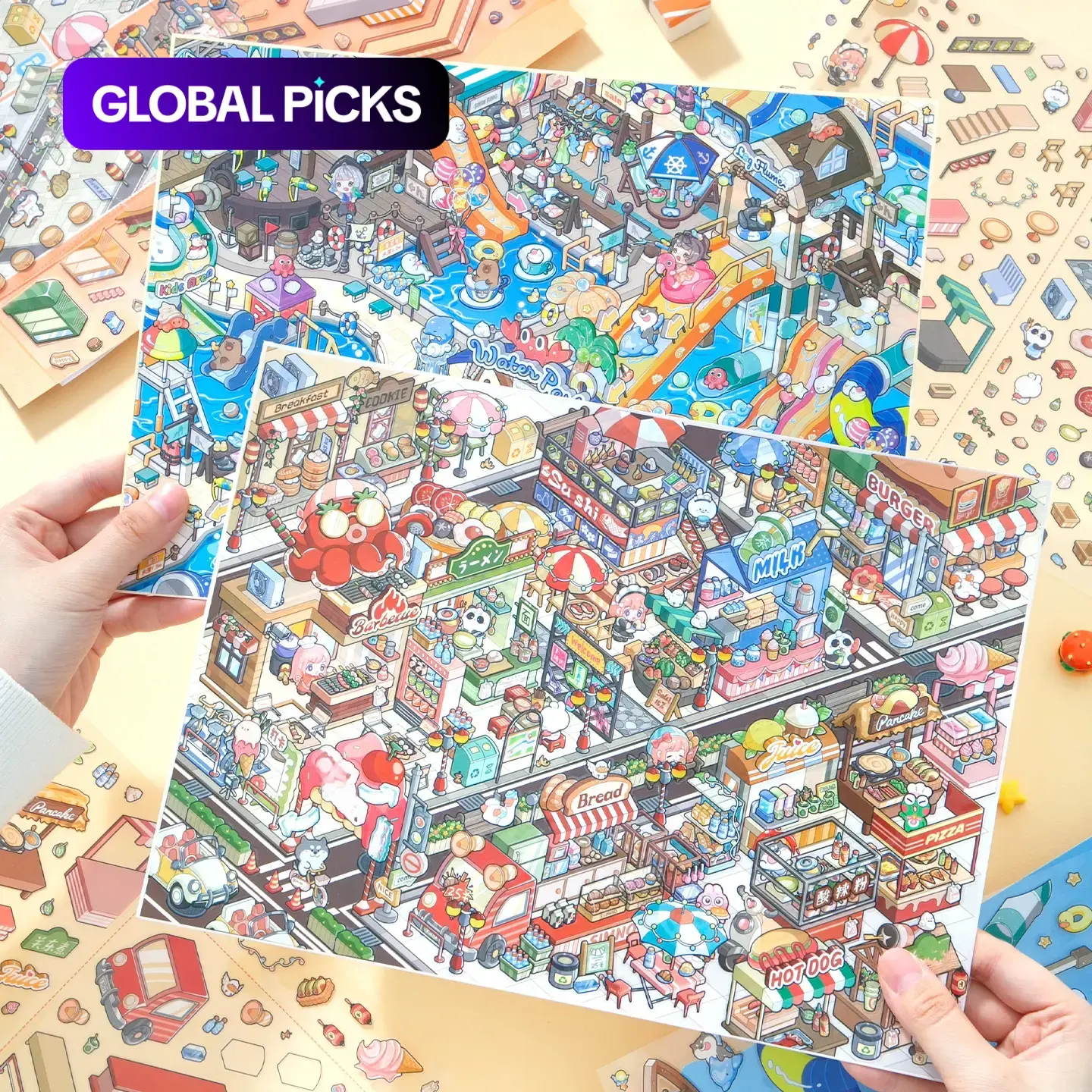5 Sheets/Bag Sticker Pack, PET Material, Amusement Park Comic Style Scenery Art Decorative Stickers, Scrapbook Accessories, Perfect Holiday & Birthday Gift #GLOBAL PICKS