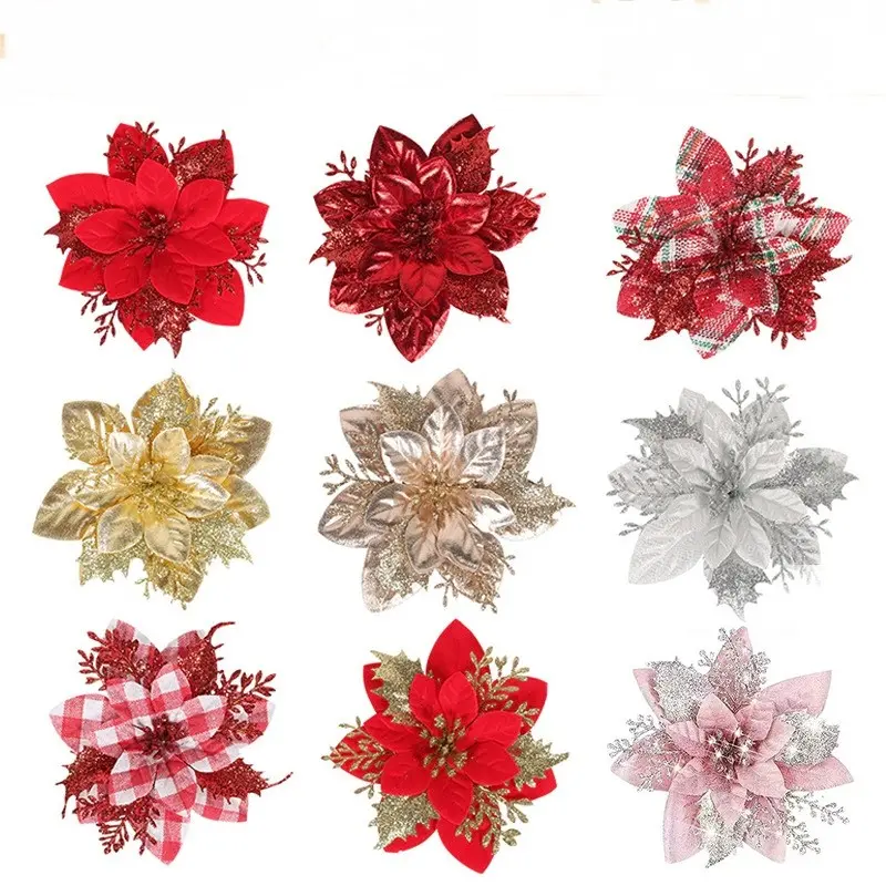 Mixed Color Christmas Artificial Flowers, Sparkly Fabric Poinsettia Design, Clip-On Decorations, Holiday Tree Ornament, DIY Wreath Making