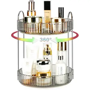 360 Rotating 2 Tier Lazy Susan Spinning Makeup Organizer, Bathroom Counter Vanity Organizer for Skincare Perfume, Classic Grey