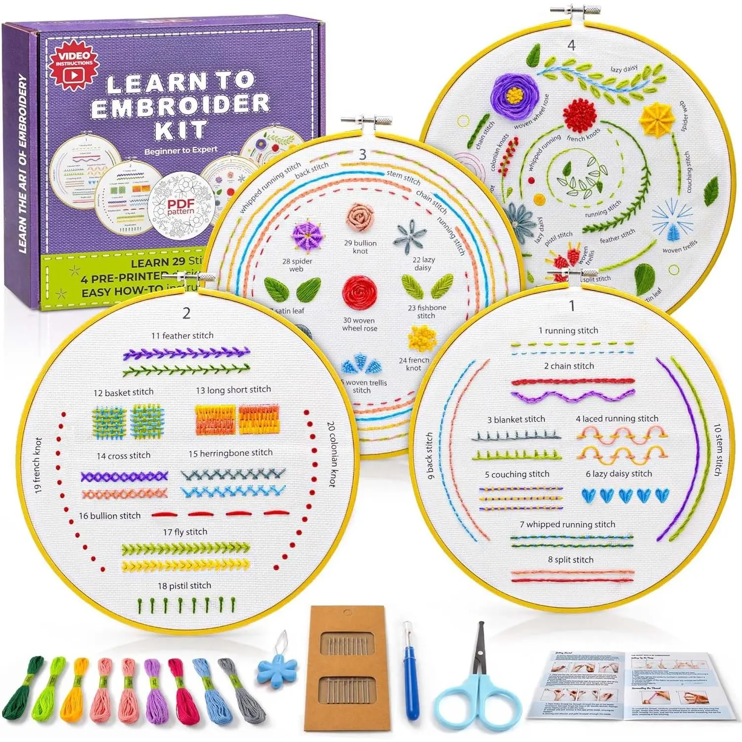 4- Starter Embroidery Kit for Beginners and Expert with Simple Patterns, Learn 29 Stitches with Hand Embroidery Kit