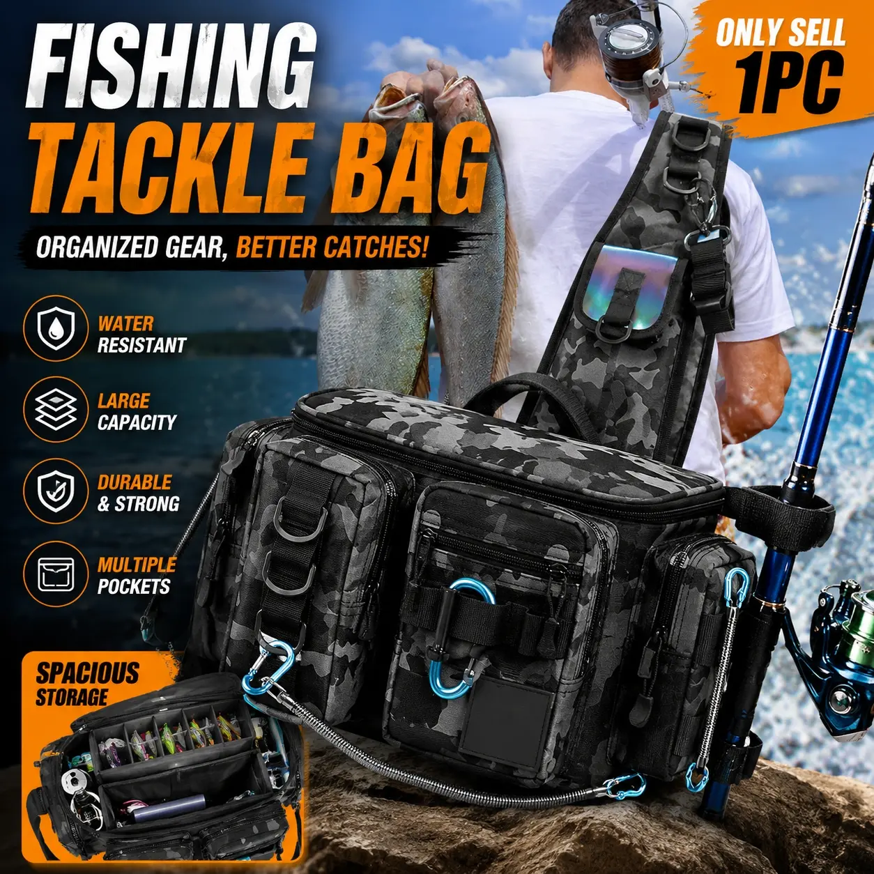 1 pc fishing gear backpack Lightweight and durable, multiple compartments, adjustable straps, suitable for freshwater, saltwater fishing adventures