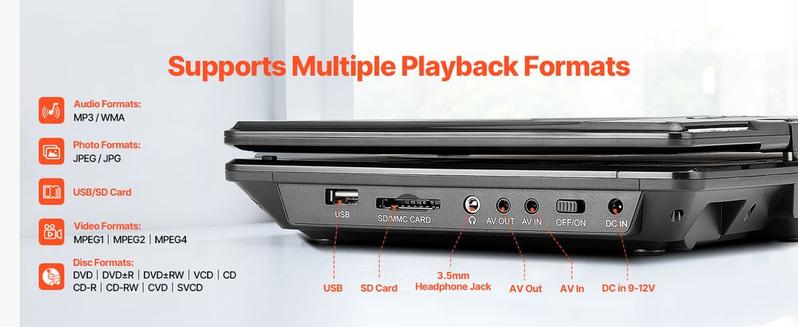 VEVOR Portable DVD Player 9 in HD Swivel Screen 4 Hours-in Battery