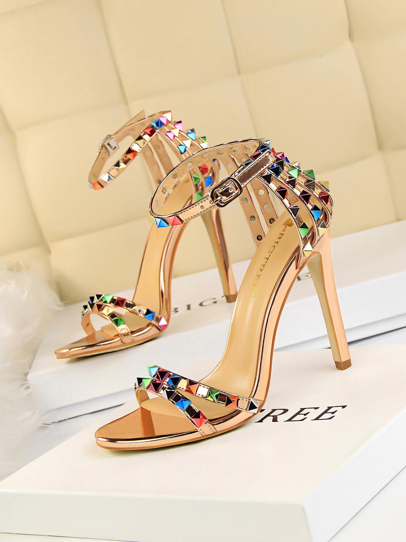 Women's Fashionable Studded Decor Stiletto Heels, Valentine's Gifts for Her, Elegant Heeled Sandals for Party, Banquet, Fashionable Shoes for Daily Wear, Strapy Sandal