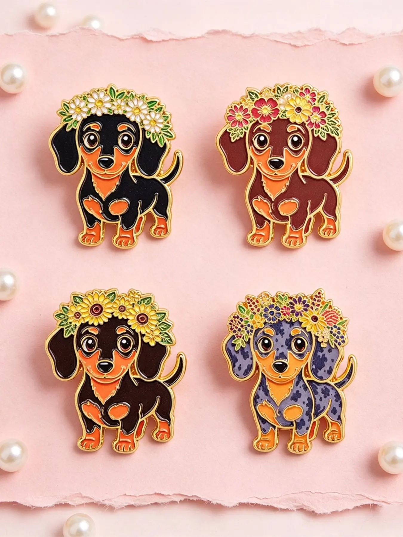 4pcs/set Cute Dachshund Design Pins, Floral Cartoon Zinc Alloy Badges, Perfect for Backpacks, Briefcases, Fashion Accessories, Gift for Dog Lovers