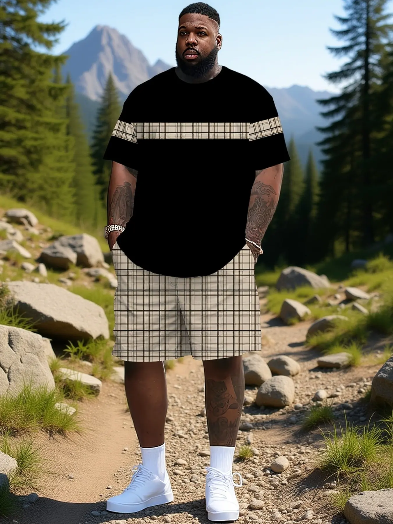 Men's Set Tee and Shorts, Outdoor Retro Plaid Short Sleeve, Casual Loose-Fit, Natural Waist, Regular Length, Unisex Two-Piece