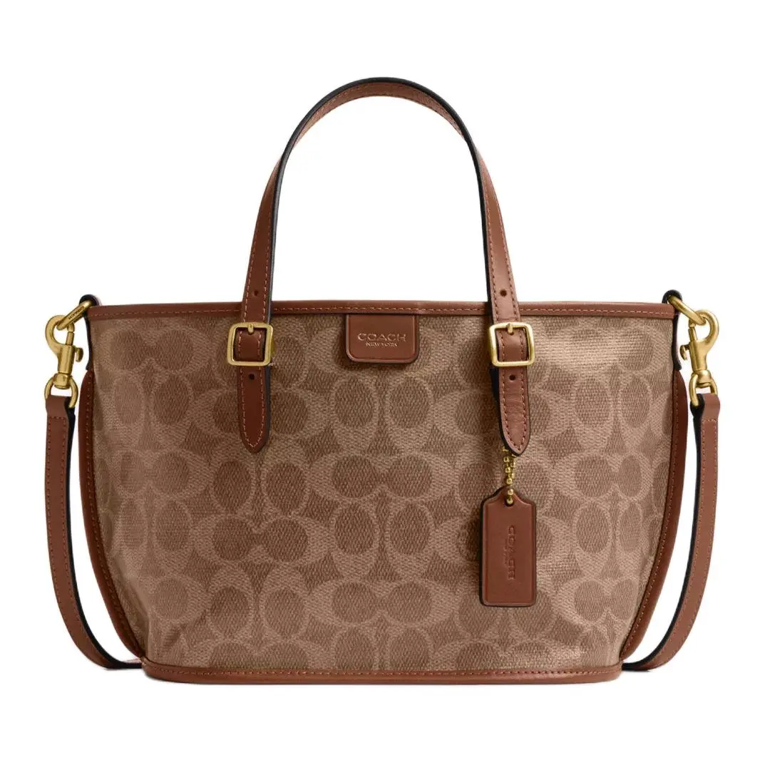 COACH Taxi 21 Tote Bag for Women – Coated Canvas with Signature Logo, Tan and Brown Color Block