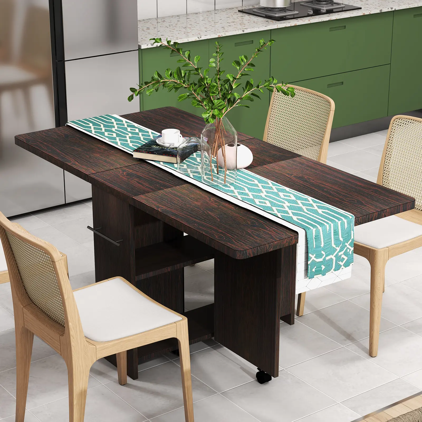 Space-Saving Folding Drop Leaf Dining Table, Expandable with 2-Tier Storage Shelf & Lockable Wheels, Compact Wooden Table for Small Kitchens Apartments, Seats 4 Foldable Tabletop