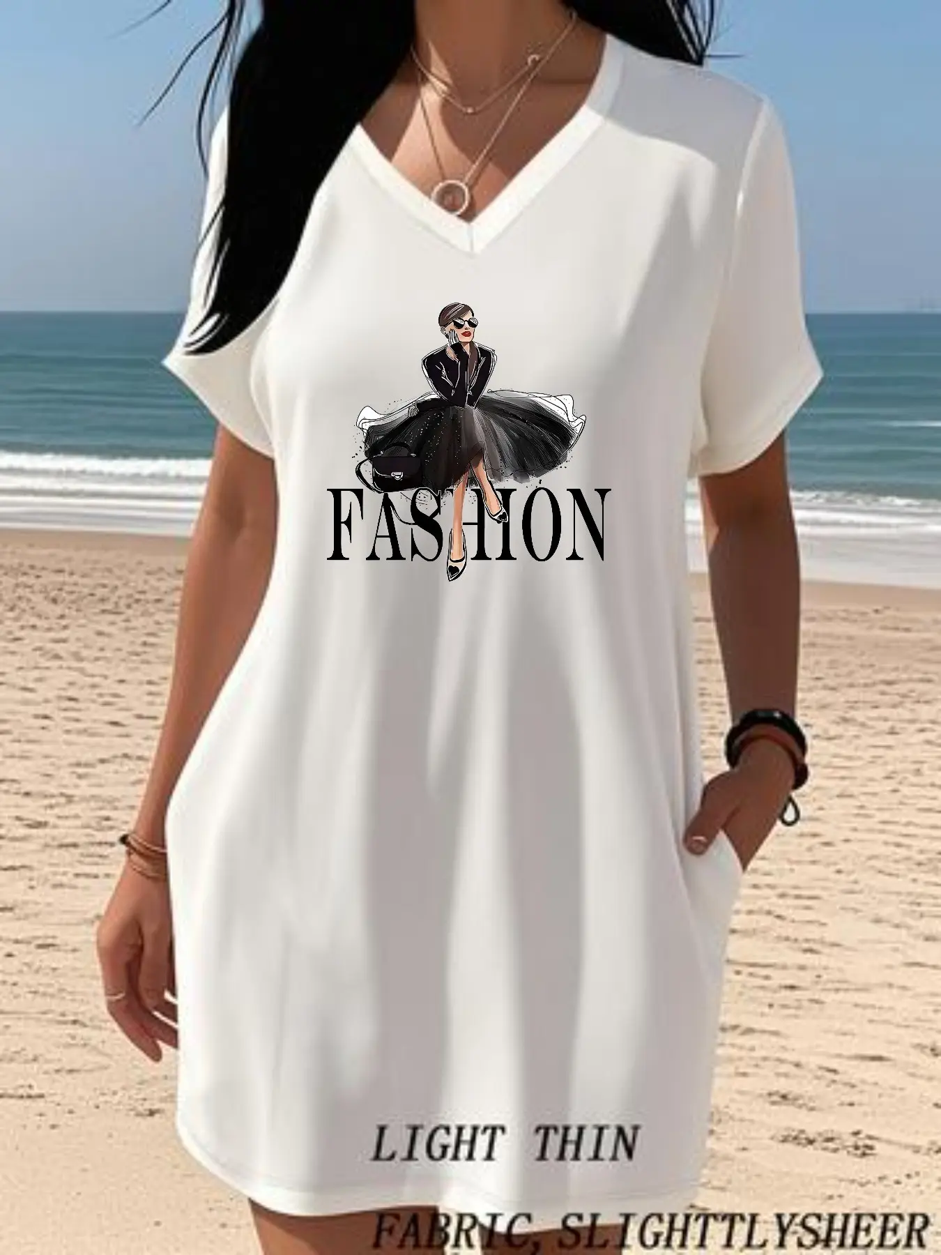 8060-F26 New Casual V-Neck Invisible Pocket Loose Short Sleeve Elegant Dress, Plain Surface, Unlined, Weighted at 88.2g/m²