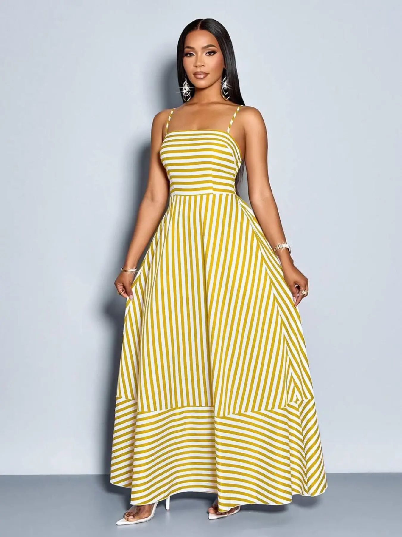 Women's Flowy Striped Long Dress with Straps, Pockets, Chest Ruching, Perfect for Vacation, Beach, Commute, Casual Wear, Elegant Floral Pattern, Casual Beach Sundress