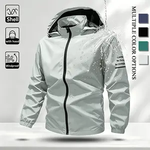 Men's Water Resistant Windproof Lightweight Shell Jacket Detachable Hood Full Zip Casual Outdoor Sport Coat with Waterproof Zipper Chest Pocket Elastic Cuffs Windbreaker for Cycling Hiking Fishing Daily Commute 4 Colors Available