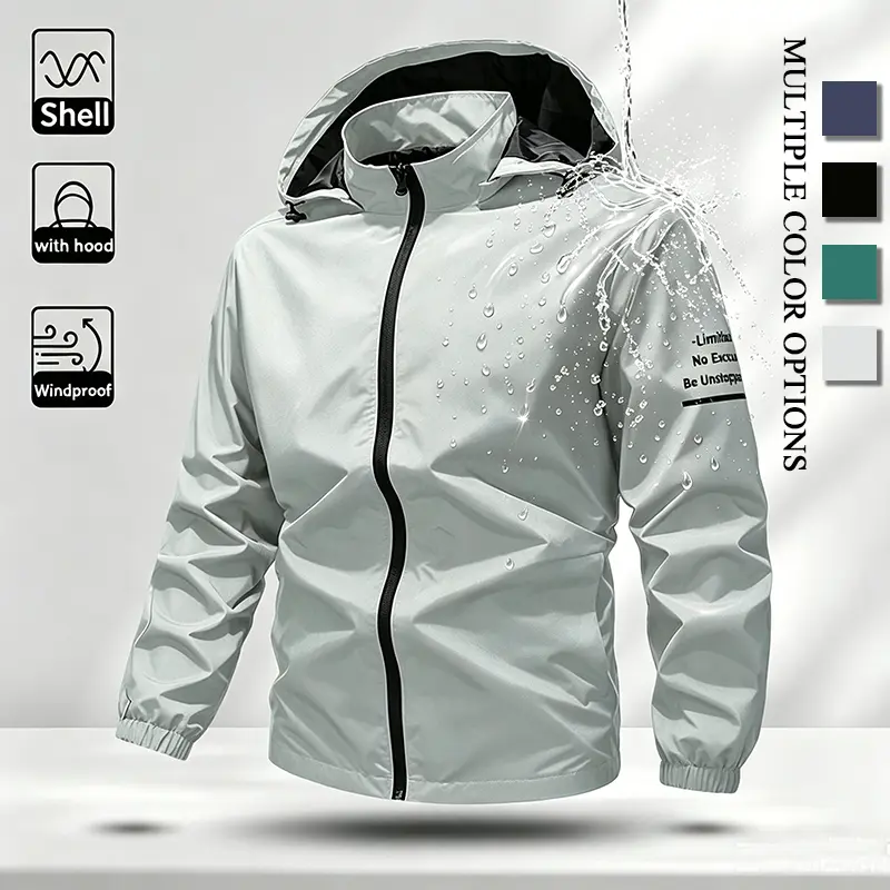 Men's Water Resistant Windproof Lightweight Shell Jacket Detachable Hood Full Zip Casual Outdoor Sport Coat with Waterproof Zipper Chest Pocket Elastic Cuffs Windbreaker for Cycling Hiking Fishing Daily Commute 4 Colors Available