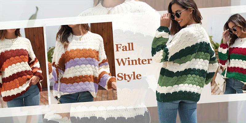 Zaful Ladies new round neck long sleeve striped color matching loose knit pullover