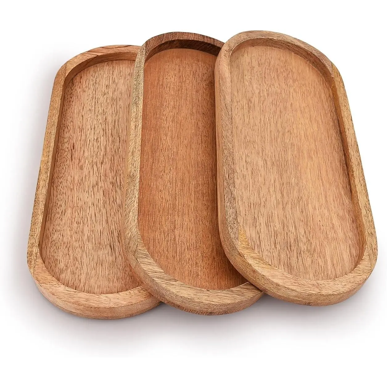 Samhita Set of 3 Oval Mango Wood Trays, 12" x 5" x 0.75", Perfect Food Serving Holder for BBQ, Cheese, Sushi, Holiday Snacks and More