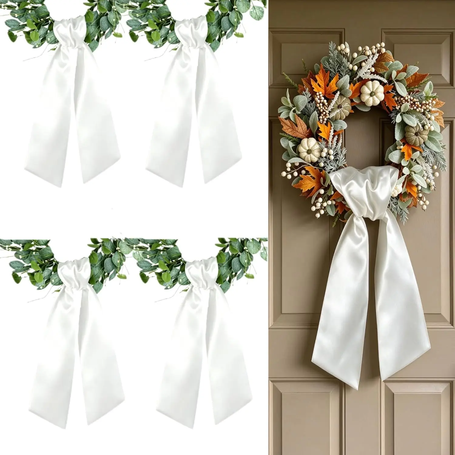 Wreath Sash for Front Door, 4 count White Wreath Sash Holiday  Shower Wreath Accessories for  Birthday Wedding Christmas Decorations