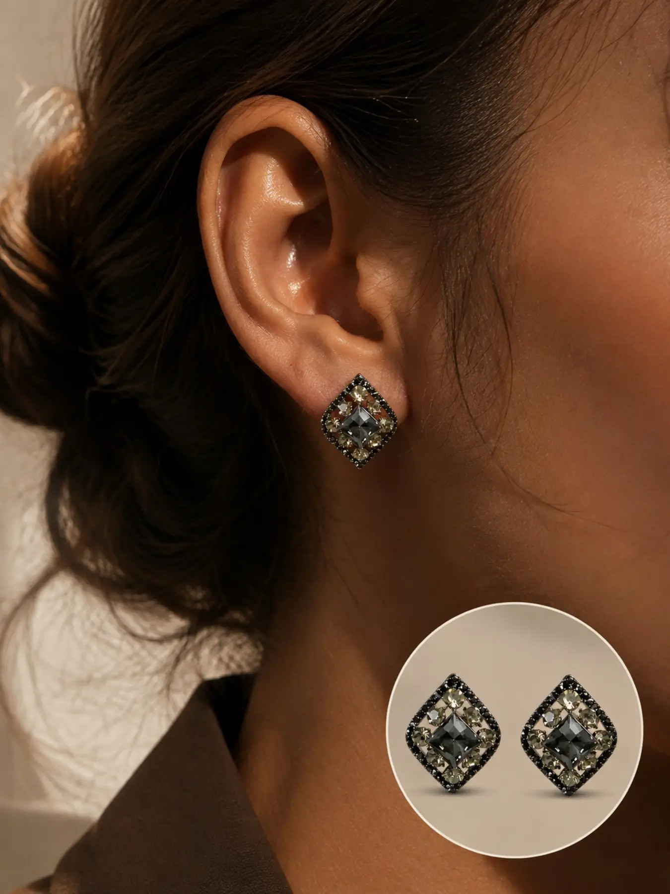 1 Pair Black Crystal Stud Earrings for Women, Elegant Diamond Shape Jewelry, Stylish Daily Wear Earrings, Perfect Gift Choice