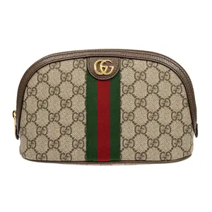 Gucci Ophidia Logo-Striped Canvas and Leather Clutch Toiletry Bag for Women, Ebony and Brown