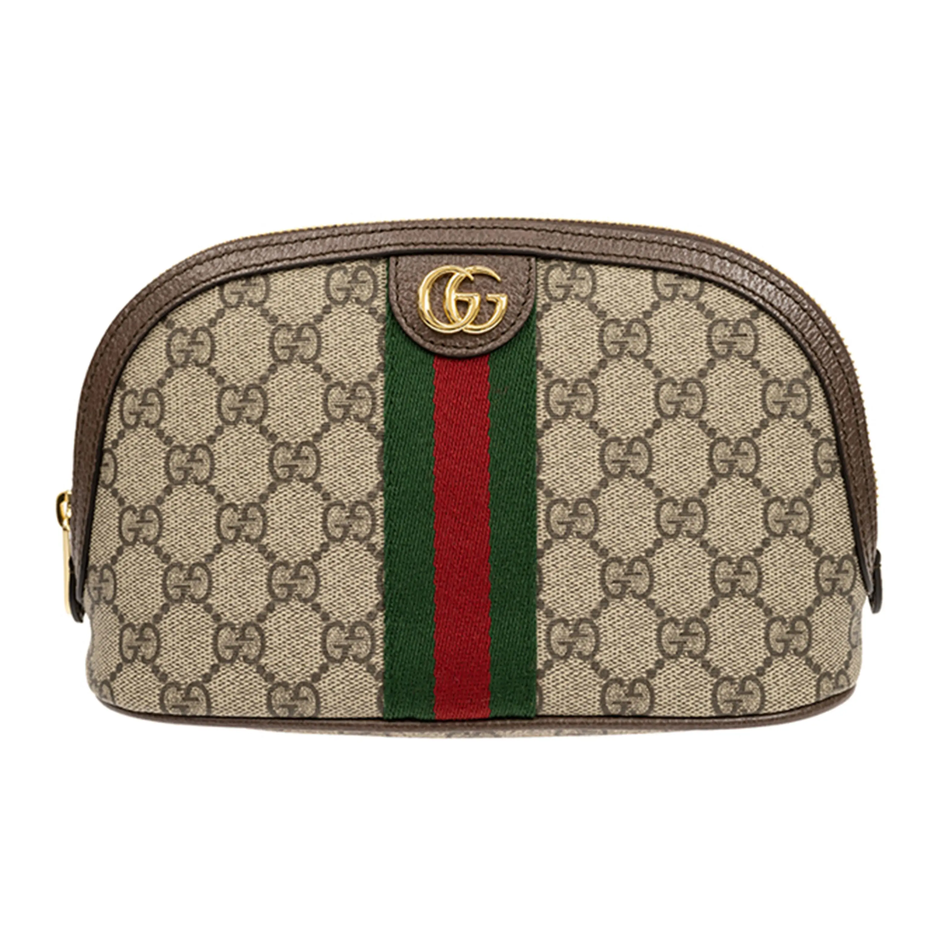 Gucci Ophidia Logo-Striped Canvas and Leather Clutch Toiletry Bag for Women, Ebony and Brown