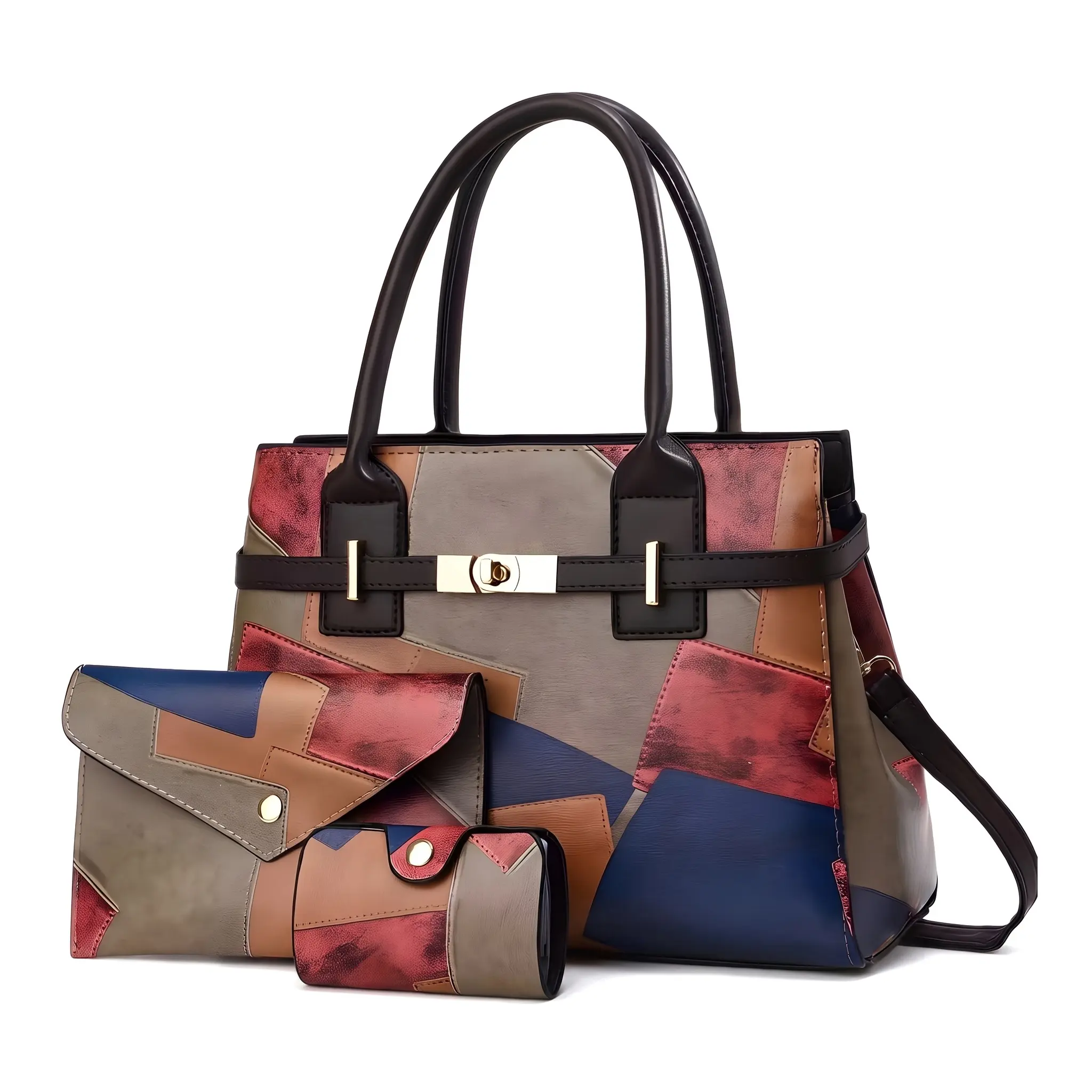 Women's 3-Piece Handbag Set, Structured Patchwork Medium-Hard PU Tote with Zip Top, Convertible Crossbody Bag with Multiple Pockets for Daily Commute, 30X13x22cm